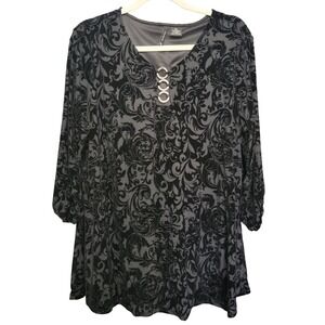 New Directions Blouse Women XL Black Velvet Burnout Damask Ring Detail